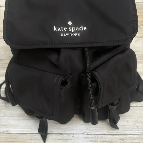 Kate Spade Carley Nylon Flap Backpack Black Drawstring Preppy Casual Athleisure - Picture 2 of 16